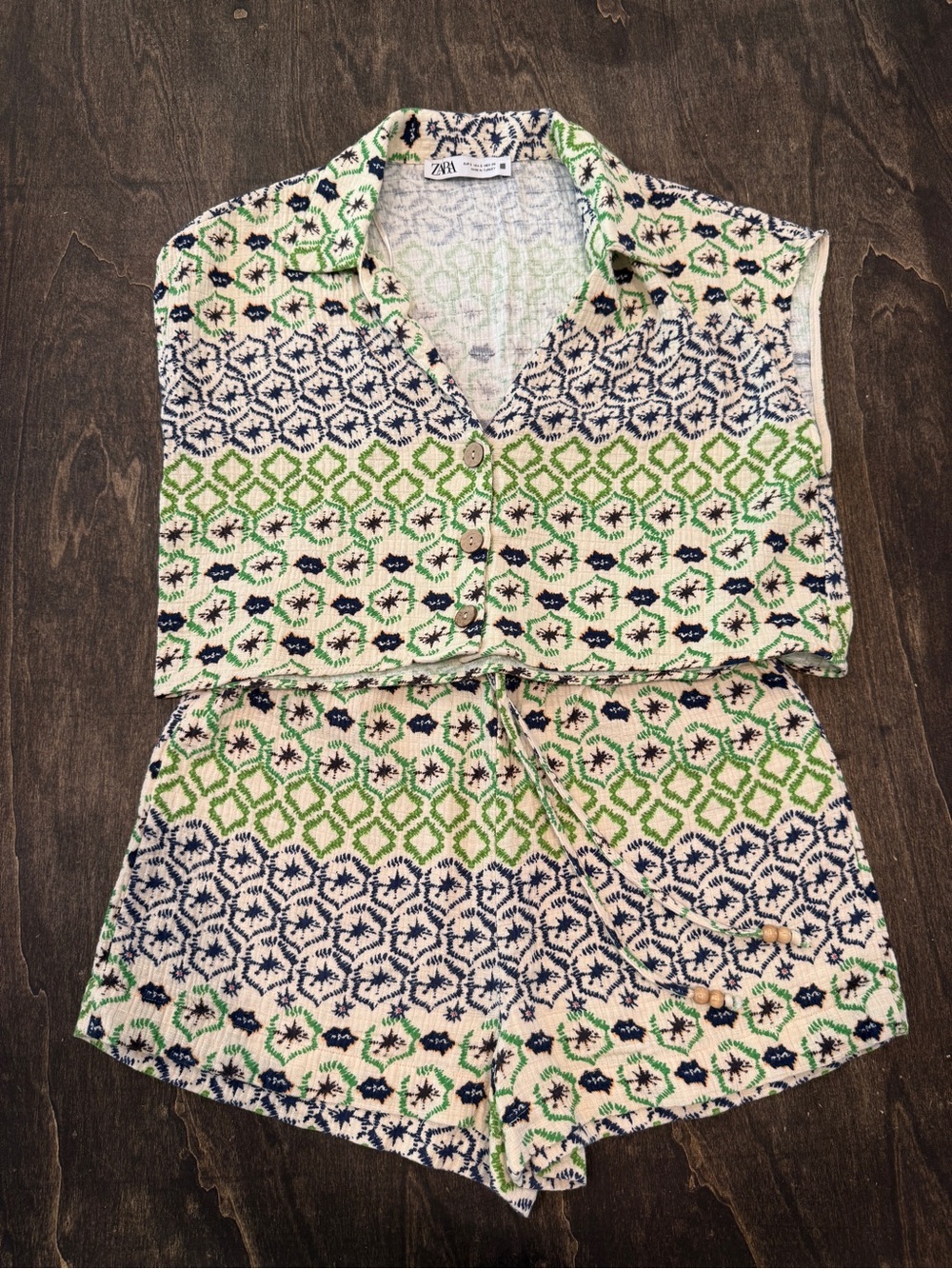 Zara Sleeveless Knit Two-Piece Set in Cream, Navy & Green